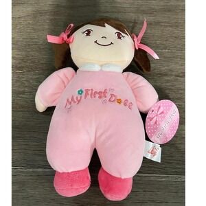 Linzy My First Doll Plush Pink Outfit Brown Hair Ribbon Accents Baby Toy